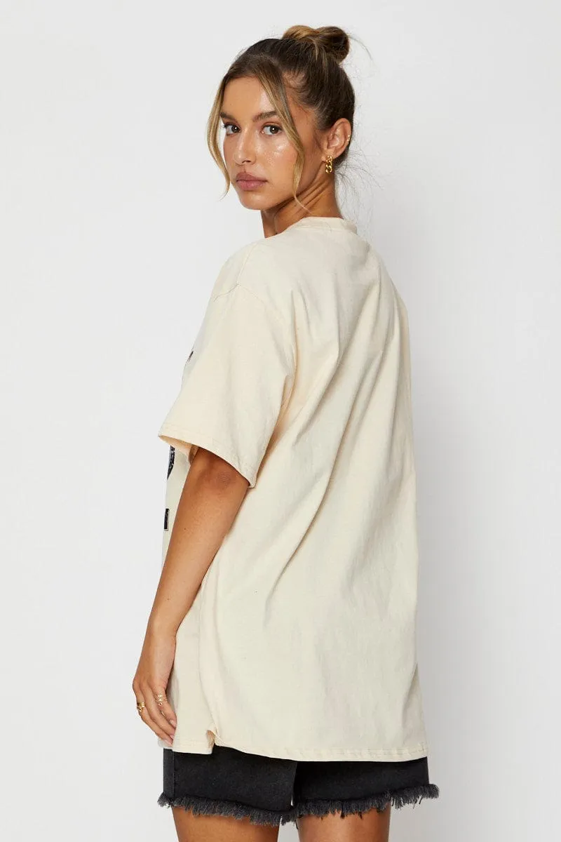 Beige Graphic T-Shirt Short Sleeve Oversized Linen blend
