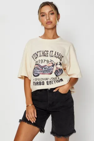 Beige Graphic T-Shirt Short Sleeve Oversized Anti microbial coating
