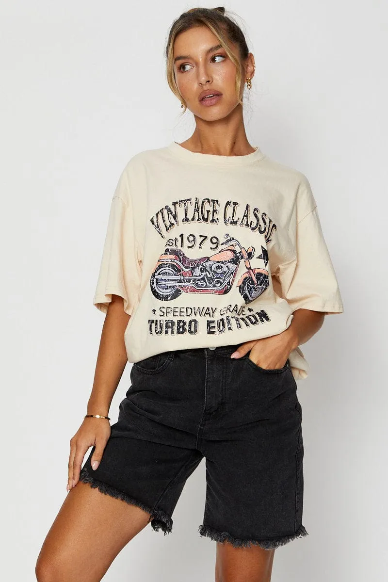 Beige Graphic T-Shirt Short Sleeve Oversized Collared formality