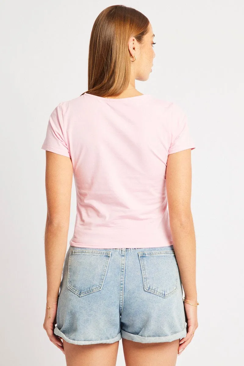 Non Irritating Collar Layered Neckline Pink Graphic Tee Short Sleeve