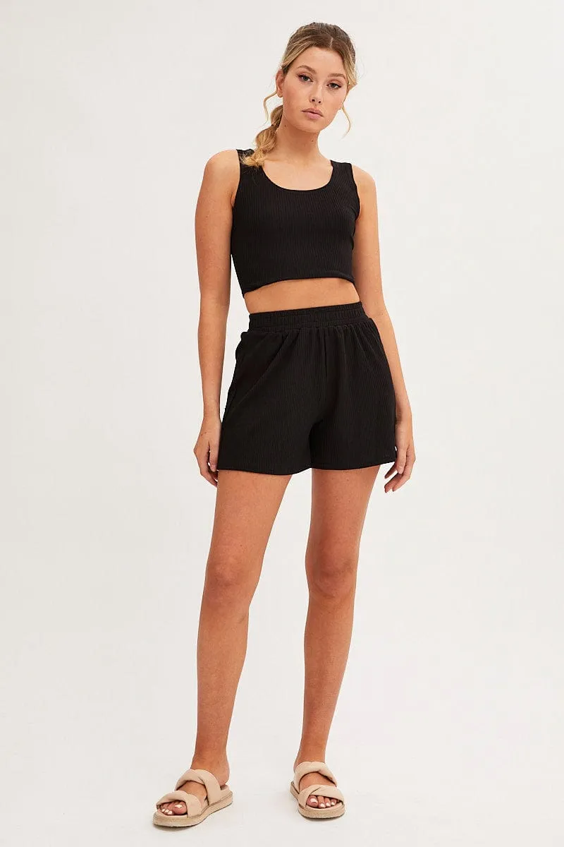 Black Rib Jersey Crop And Shorts Set windproof