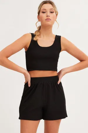 Practical Wear Black Rib Jersey Crop And Shorts Set