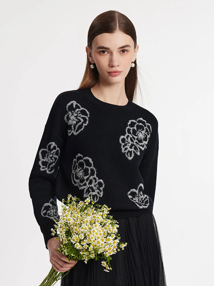 Floral Jacquard Round Neck Women Sweater Non Pilling Surface Sleek Design