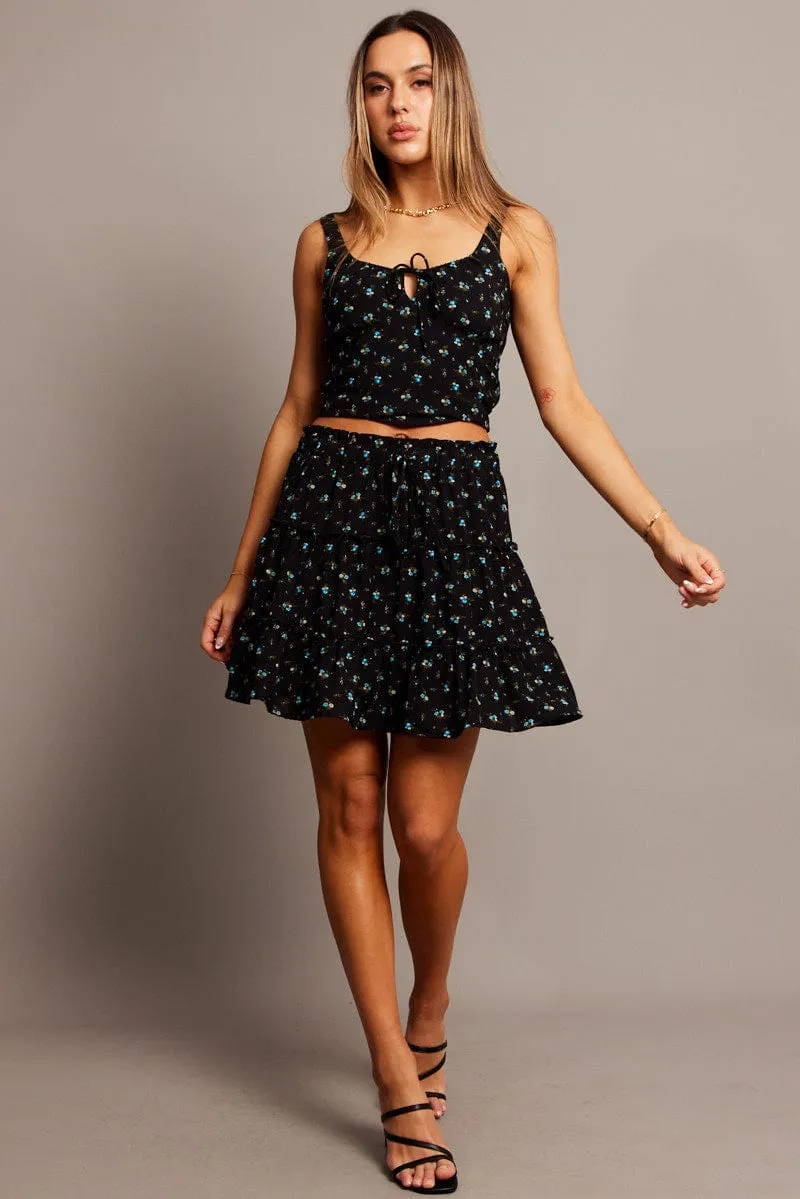 Durable Stitching Day To Night Black Ditsy Skater Skirt Elastic Waist Mini