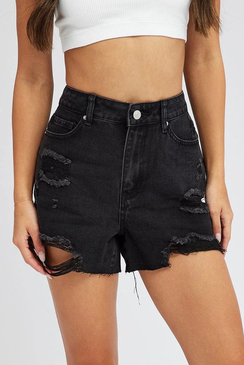 Noise Free Fabric Solid Color Black Ripped Denim Shorts