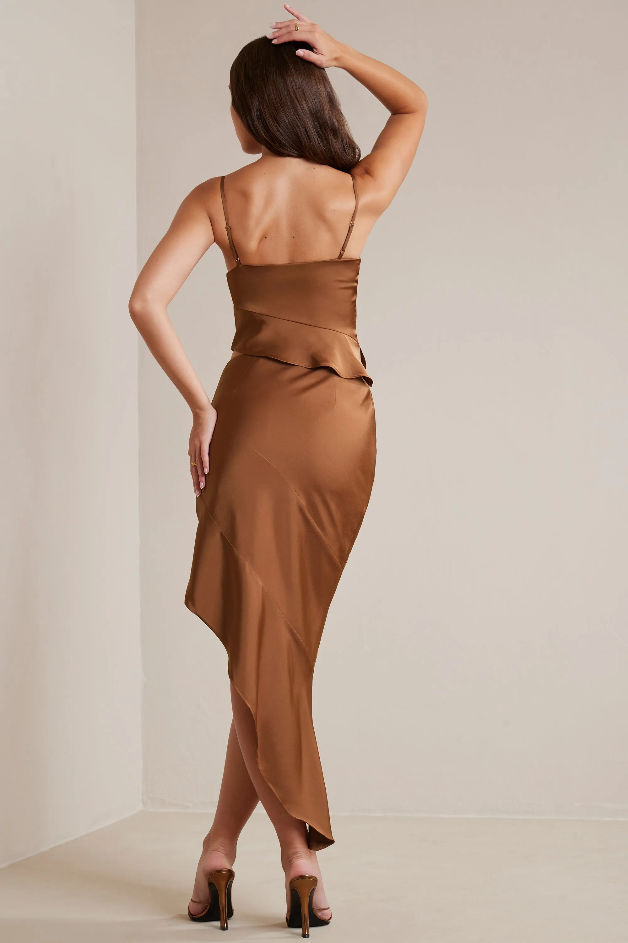 Artisan Print Layered Hem Bias Cut Satin Asymmetric Maxi Skirt in Mocha