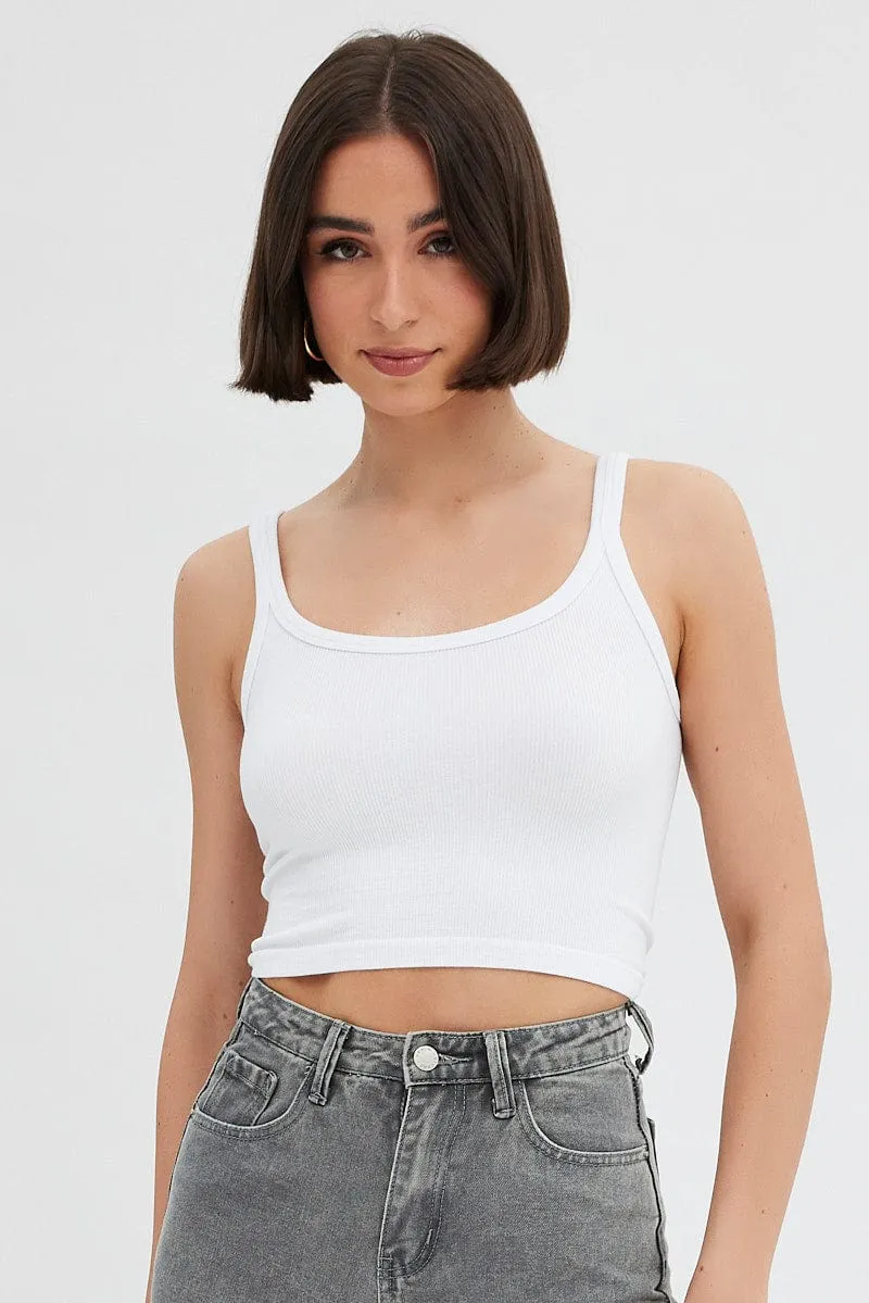 ElasticWaistband White Singlet Top Round Neck
