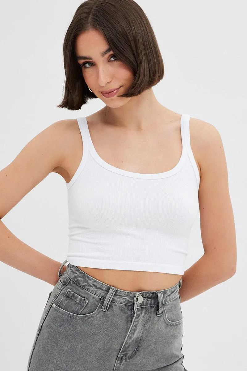 White Singlet Top Round Neck Vacation Mood