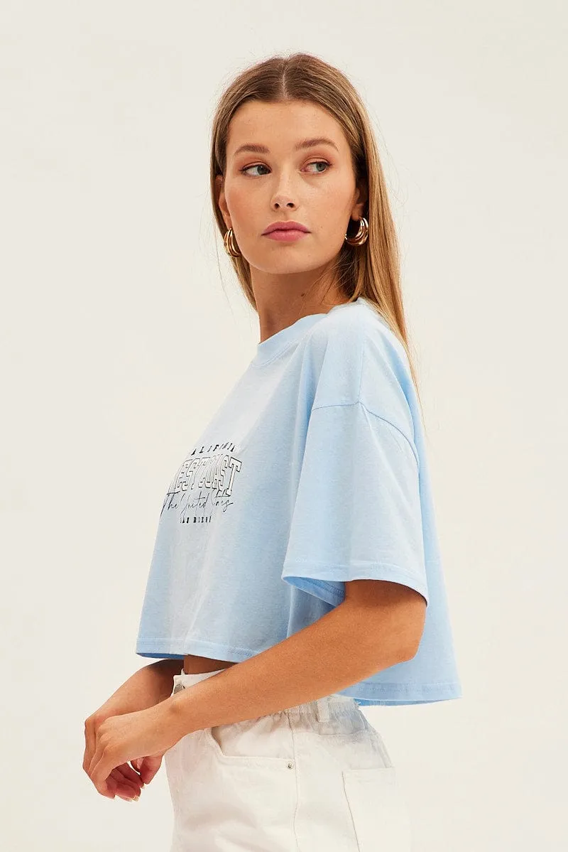 TaglessDesign Blue Graphic T-Shirt Crop West Coast Crew Short Sleeve