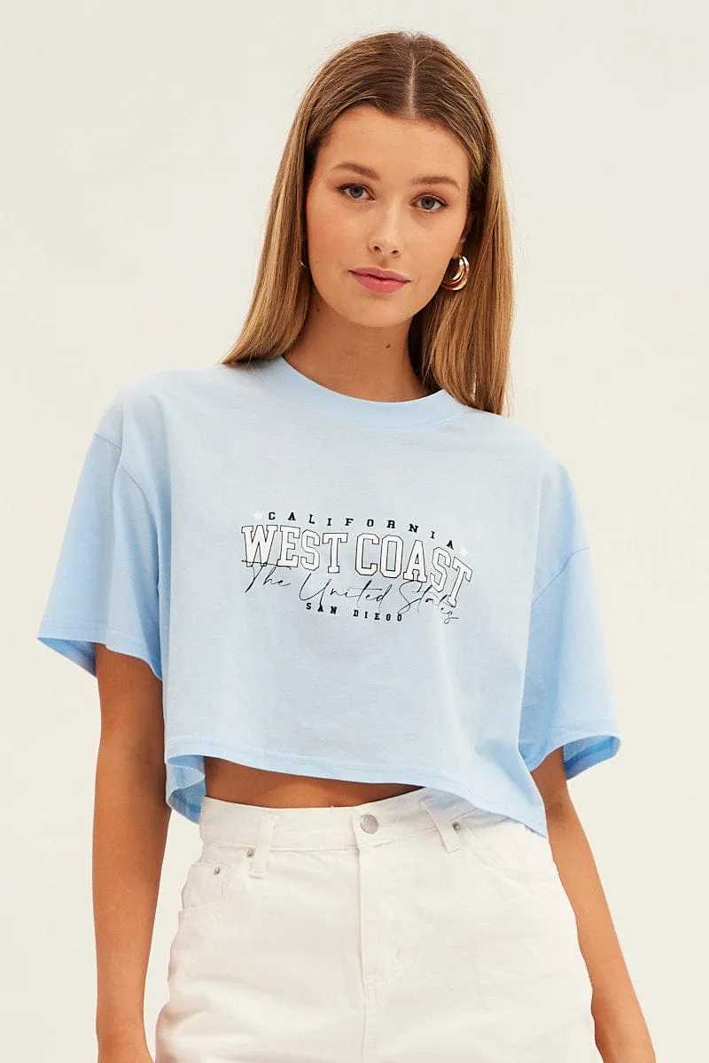 Blue Graphic T-Shirt Crop West Coast Crew Short Sleeve Casual Choice polo neck