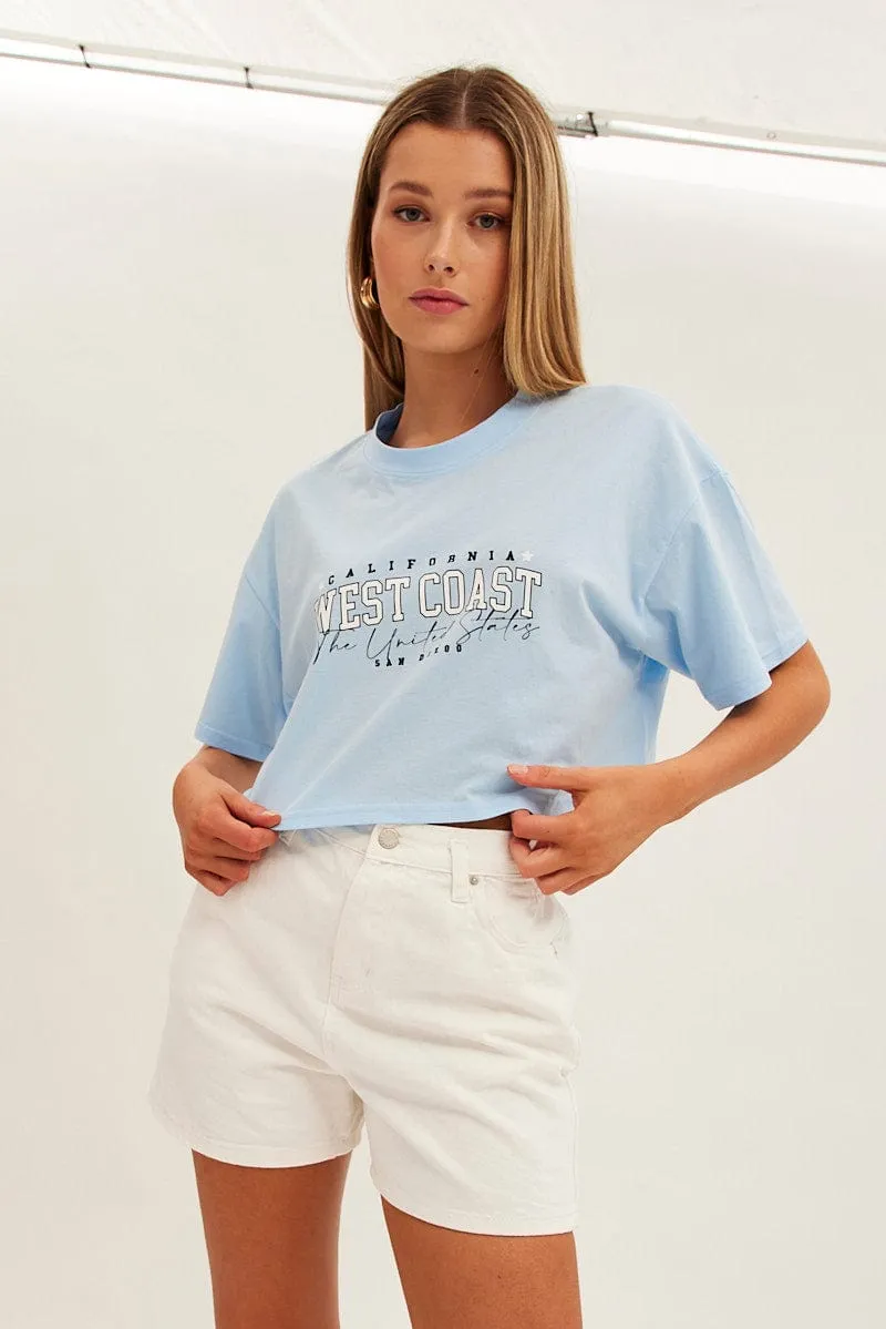 elastic waistband Skin Friendly Lining Blue Graphic T-Shirt Crop West Coast Crew Short Sleeve