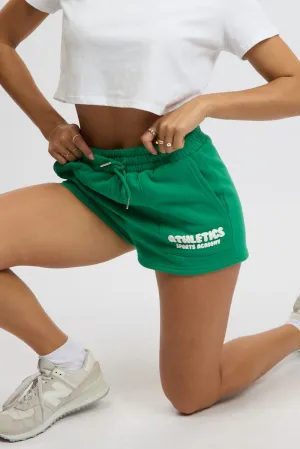 Rubberized Waistband Green Track Shorts High Rise Elastic Waist