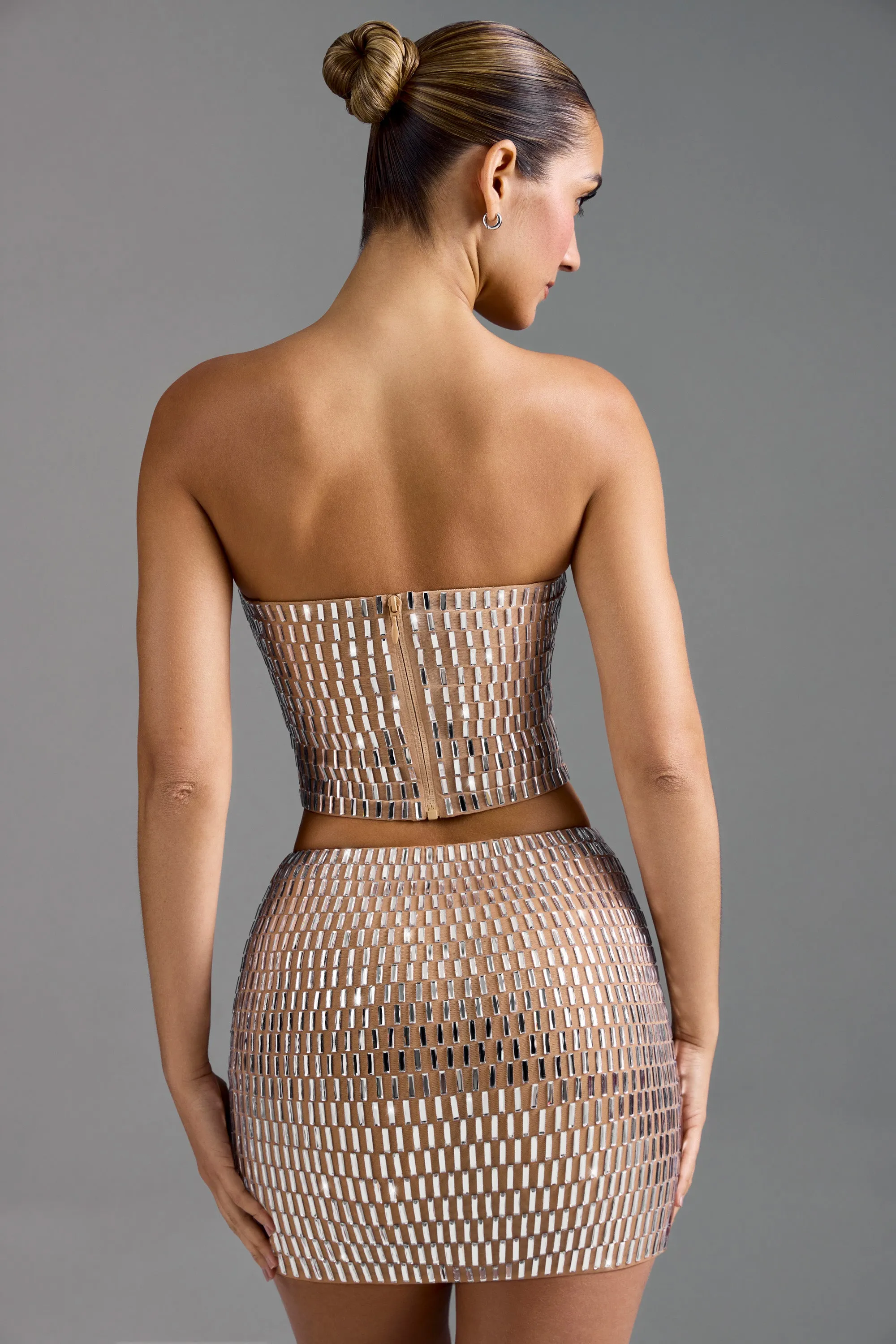 Soft Mood Embellished Low-Rise Micro Mini Skirt in Almond