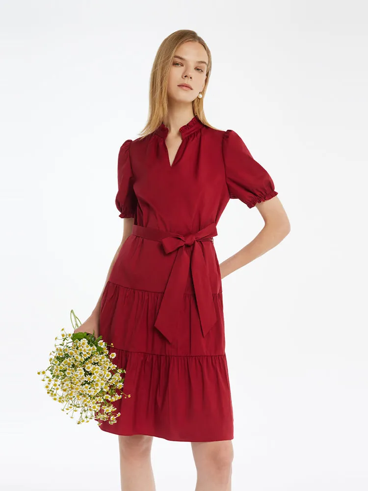 Puff Sleeves Tiered Women Mini Dress With Belt Glow Sharp