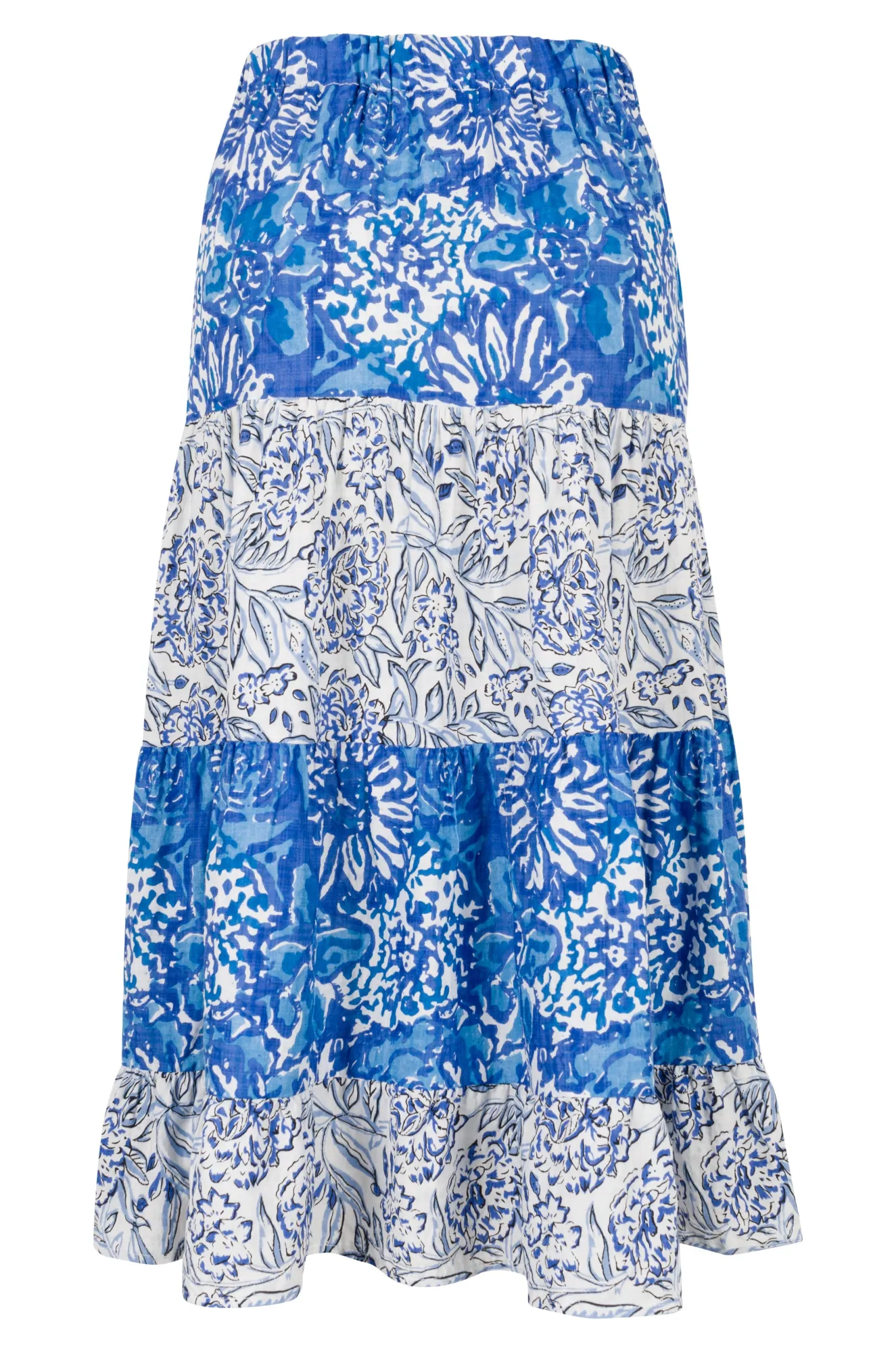 Elastic waist Skirt with 2 prints | Blue Blooms | 6540A1 Tiered Layers