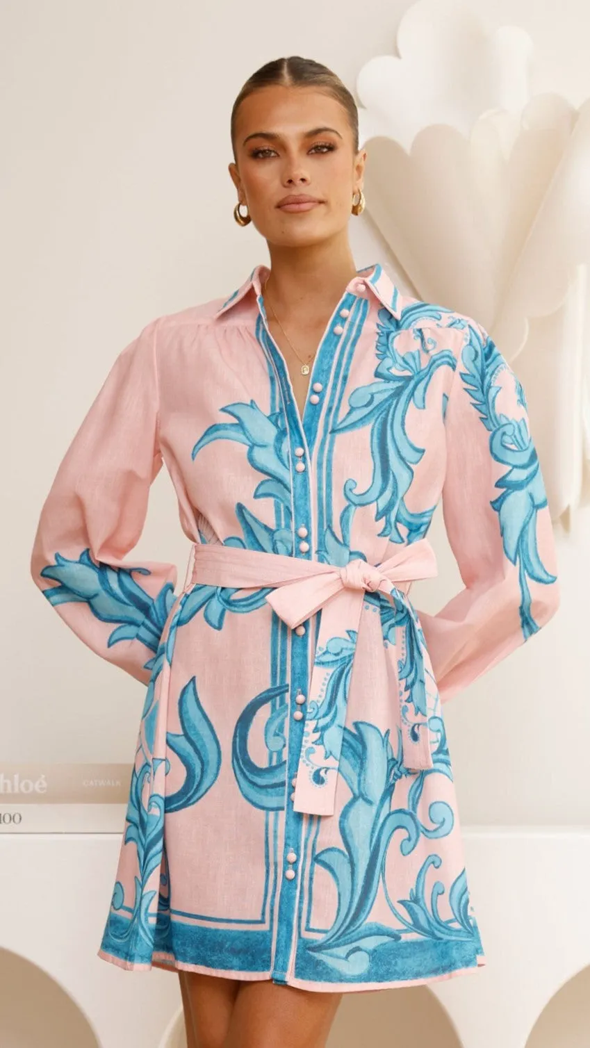 Timeless Fashion Lucia Long Sleeve Mini Dress - Aqua/Pink Print
