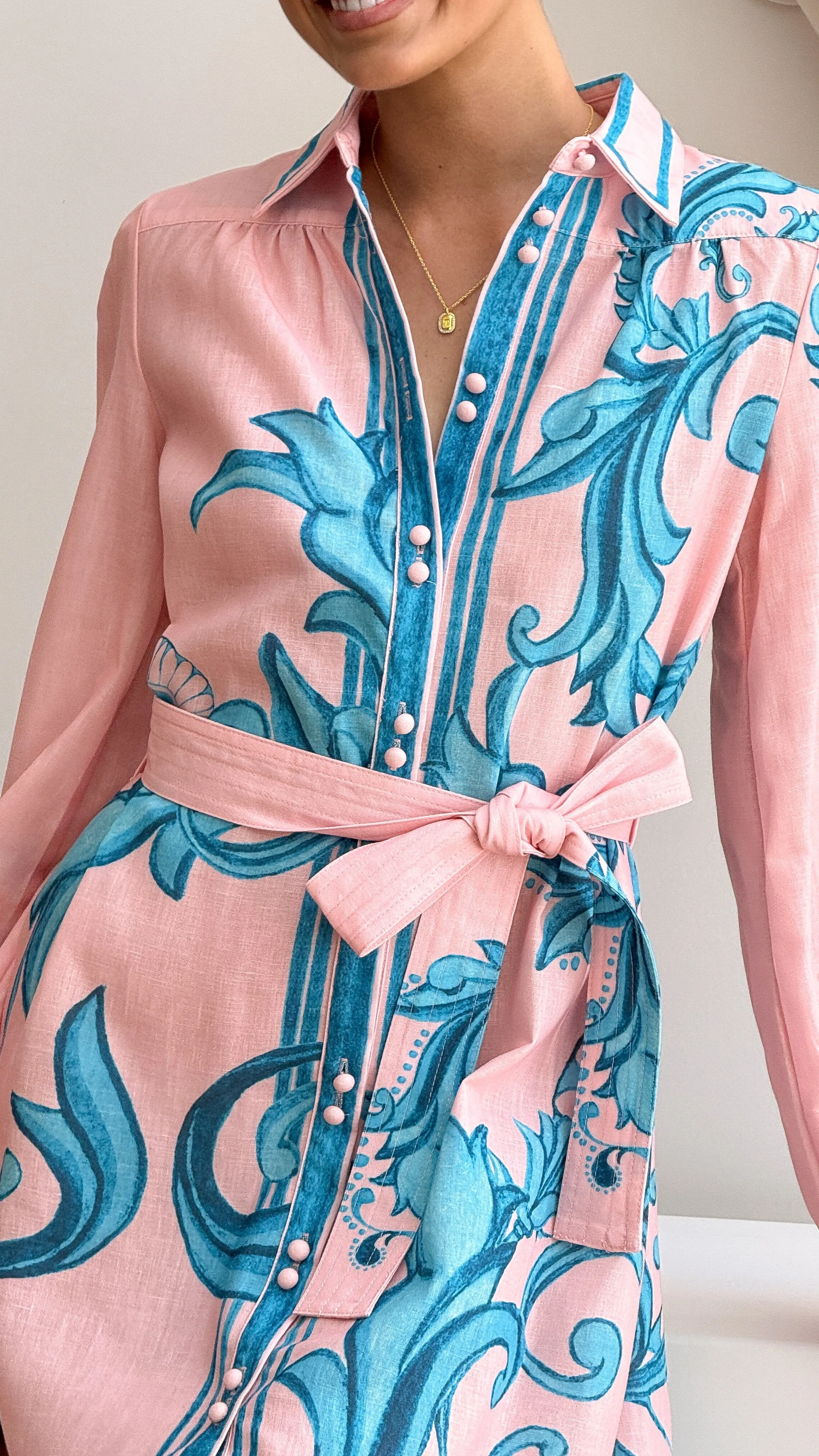 Lucia Long Sleeve Mini Dress - Aqua/Pink Print UPF Sun Protection