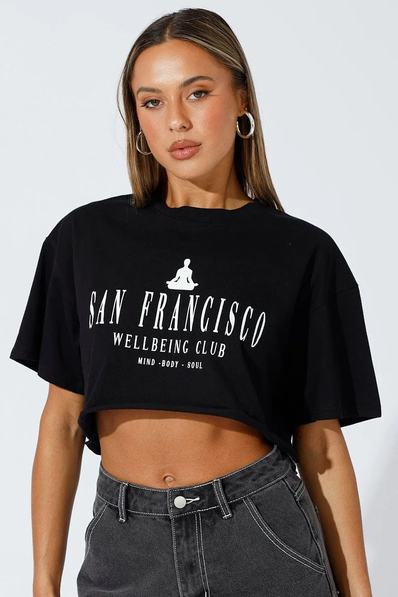 Black Graphic Tee Health Club. Slogan Crop T-Shirt Timeless Top