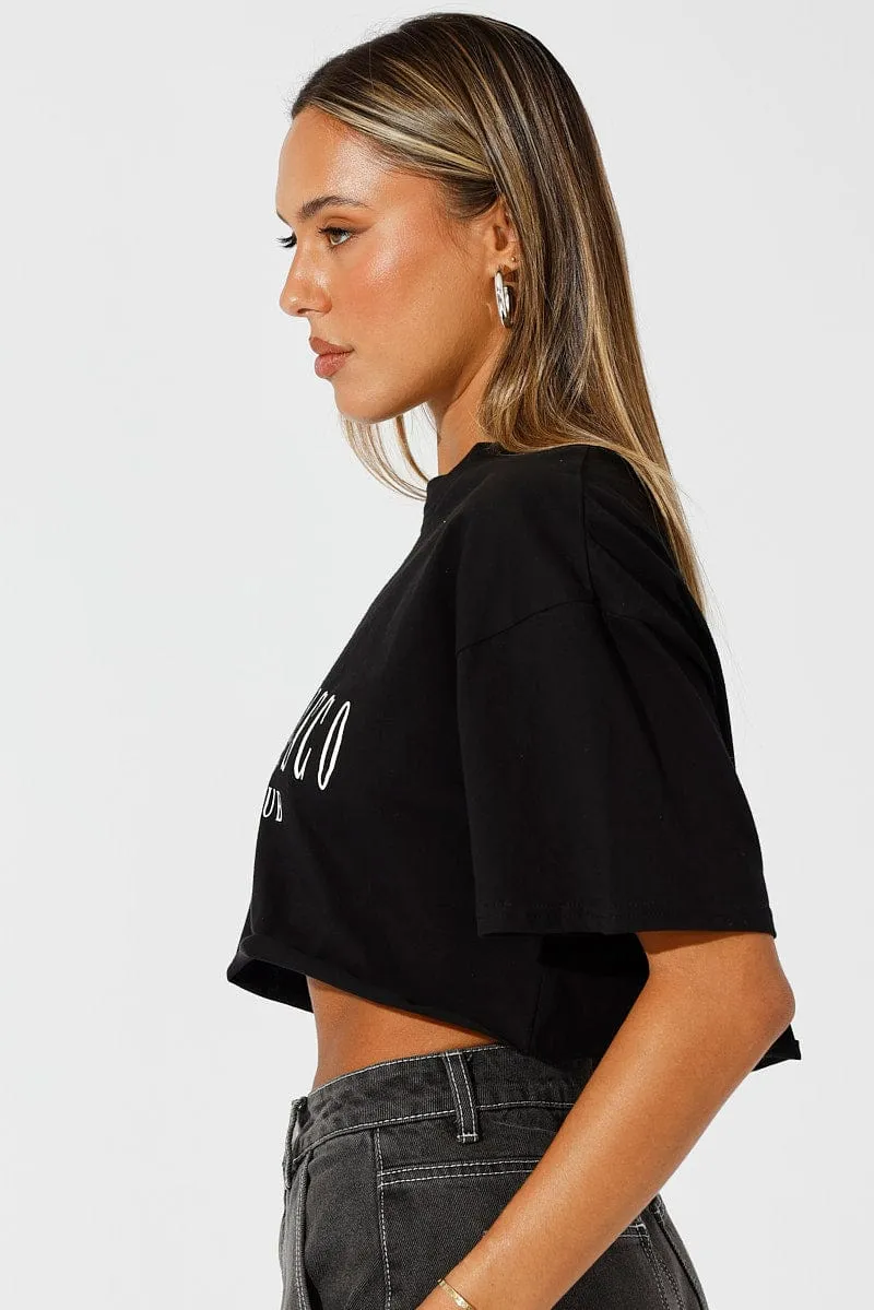 Black Graphic Tee Health Club. Slogan Crop T-Shirt thermal ReinforcedShoulderPanels