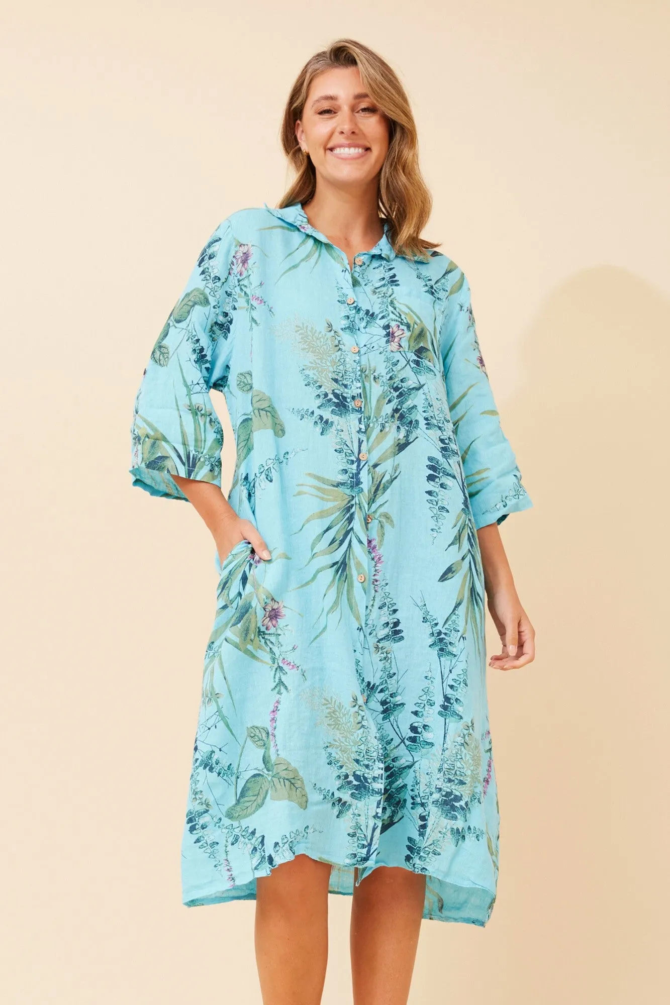 ELOSIA LEAF PRINT  LINEN DRESS Seasonal Comfort