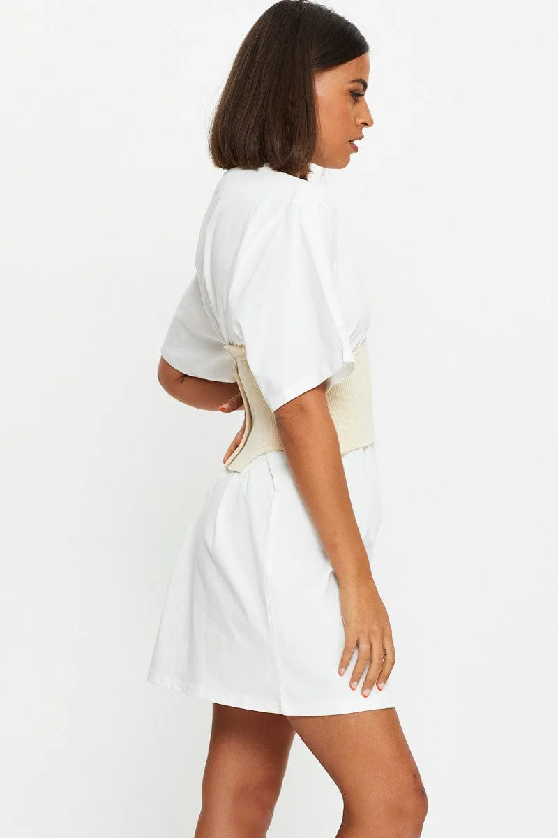 FrictionResistant OdorResistantClothing White Knitted Corset Belt And T Shirt Dress