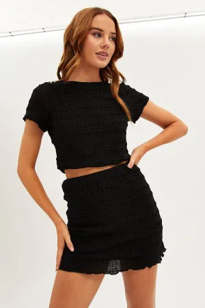 Black Mesh T-Shirt Gathered Texture Detail Short Sleeve Antibacterial Finish