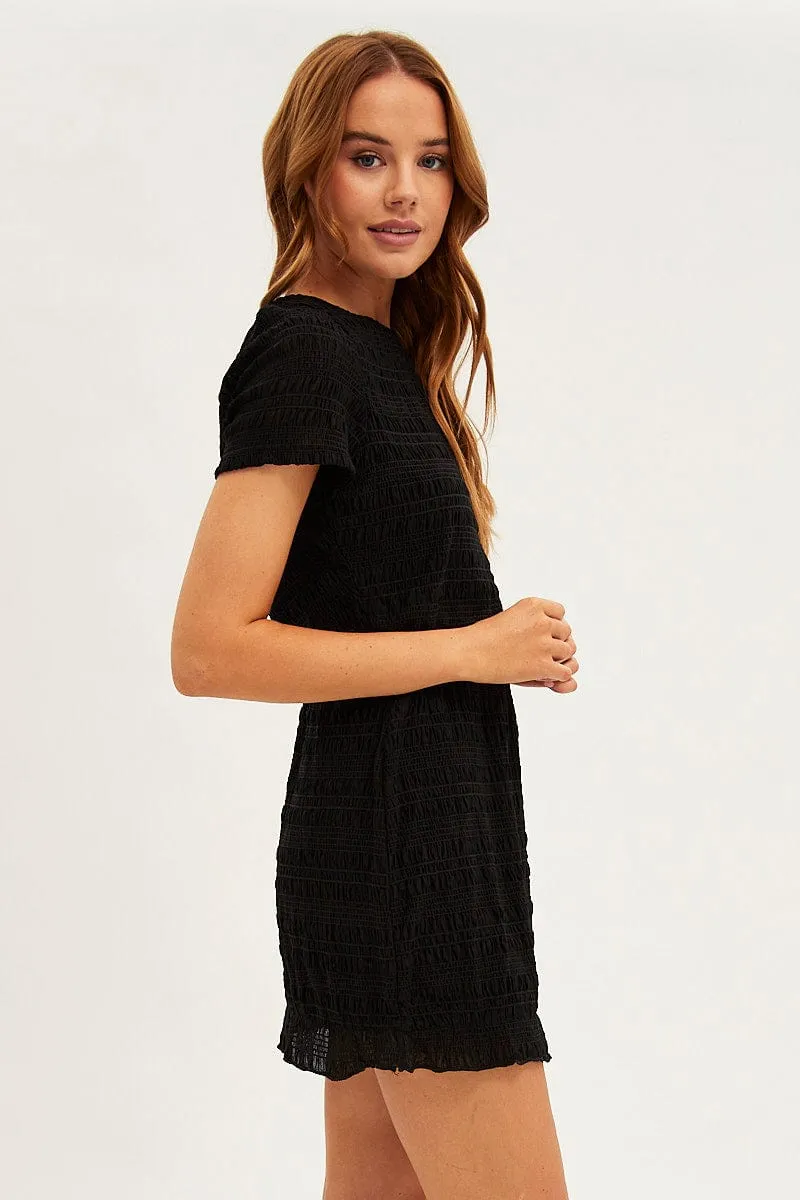 Black Mesh T-Shirt Gathered Texture Detail Short Sleeve Practical Shorts