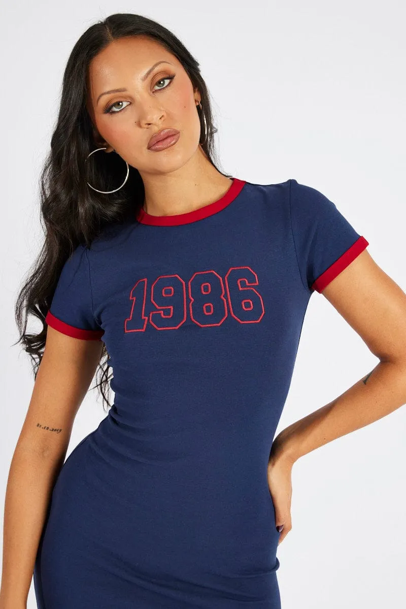 ElasticFree Blue Graphic Dress Short Sleeve