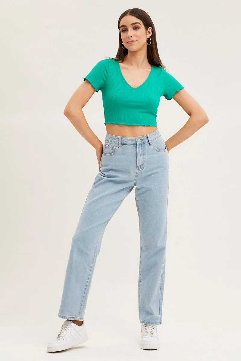 Green V Neck Lettuce Edge Baby Tee NoIrritationSeams