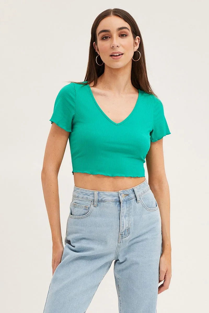 Green V Neck Lettuce Edge Baby Tee Clear Tone ButterySoftTexture