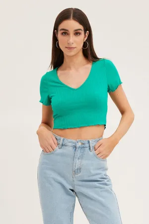 Green V Neck Lettuce Edge Baby Tee Street Style