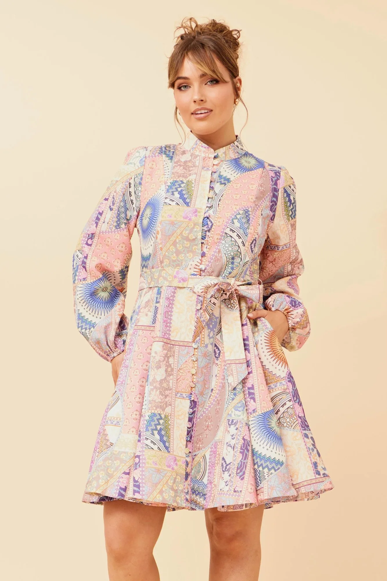 LEVINE PATCHWORK PRINT SHORT DRESS Versatile Hat Balance Core