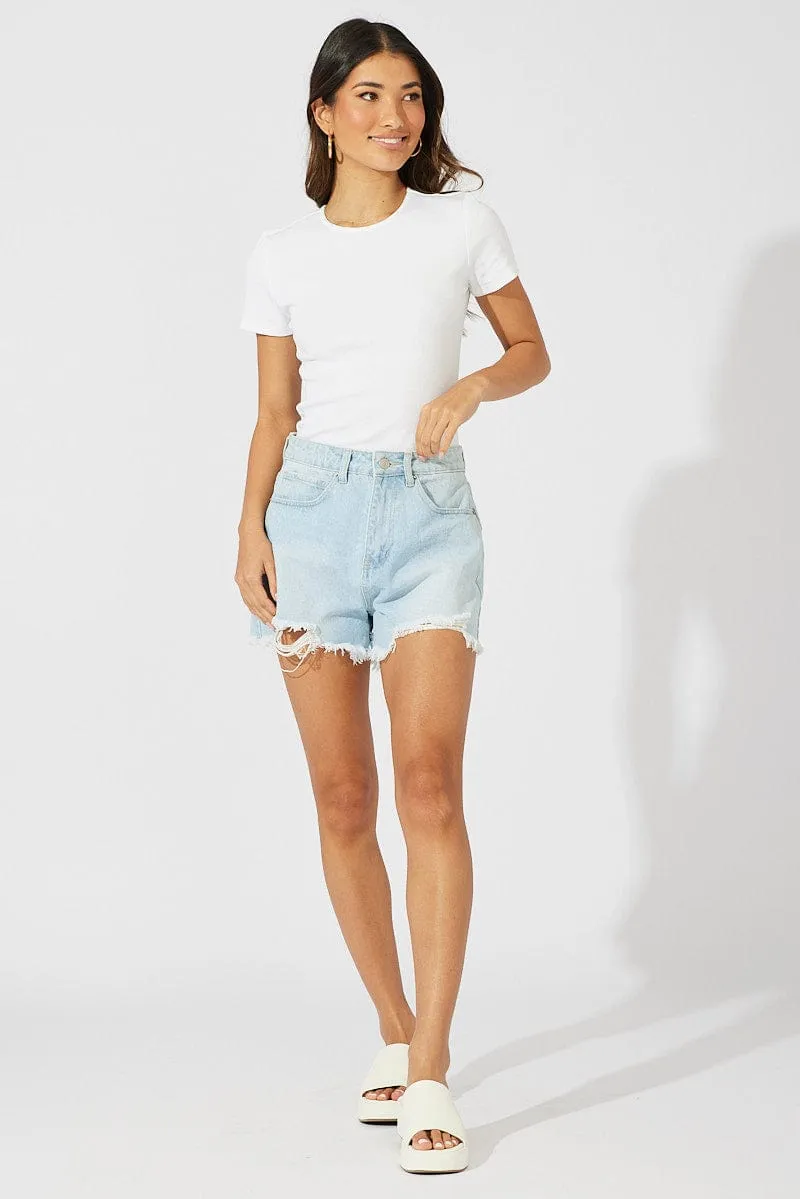 White Longline T Shirt Short Sleeve Crew Neck Mesh Glow