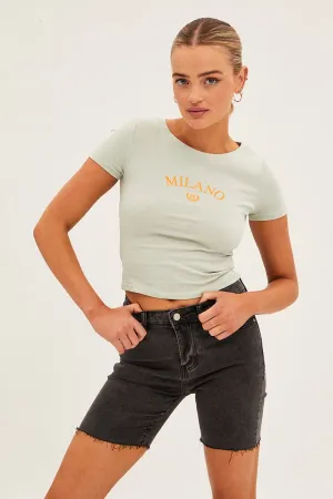 Classic Mode Day Off Green Jersey Short Sleeve Graphic Crop Tee