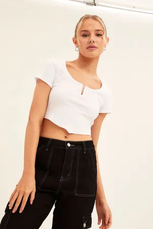 White Scarf T-Shirt Short Sleeve Crop DoubleLayered