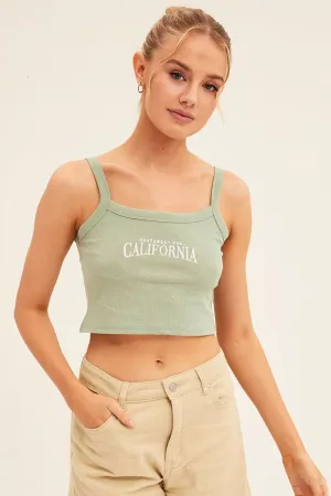 Work Wear WaterRepellent Finish Green Crop Singlet Sleeveless Rib Embroidered