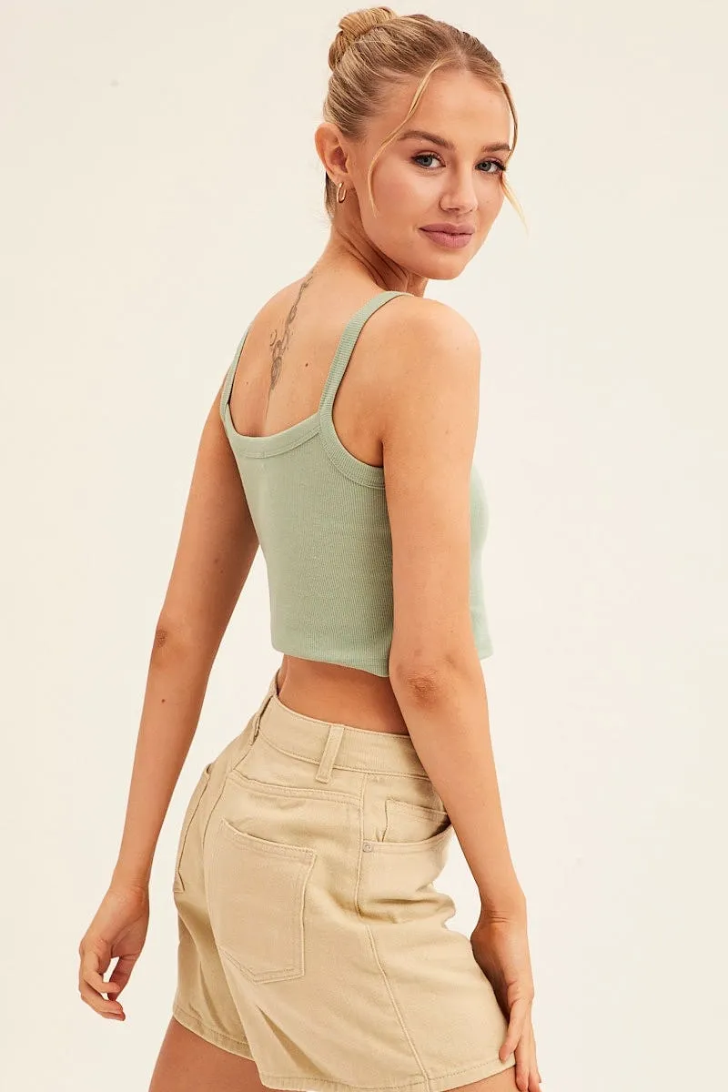 Lightweight Feel Green Crop Singlet Sleeveless Rib Embroidered