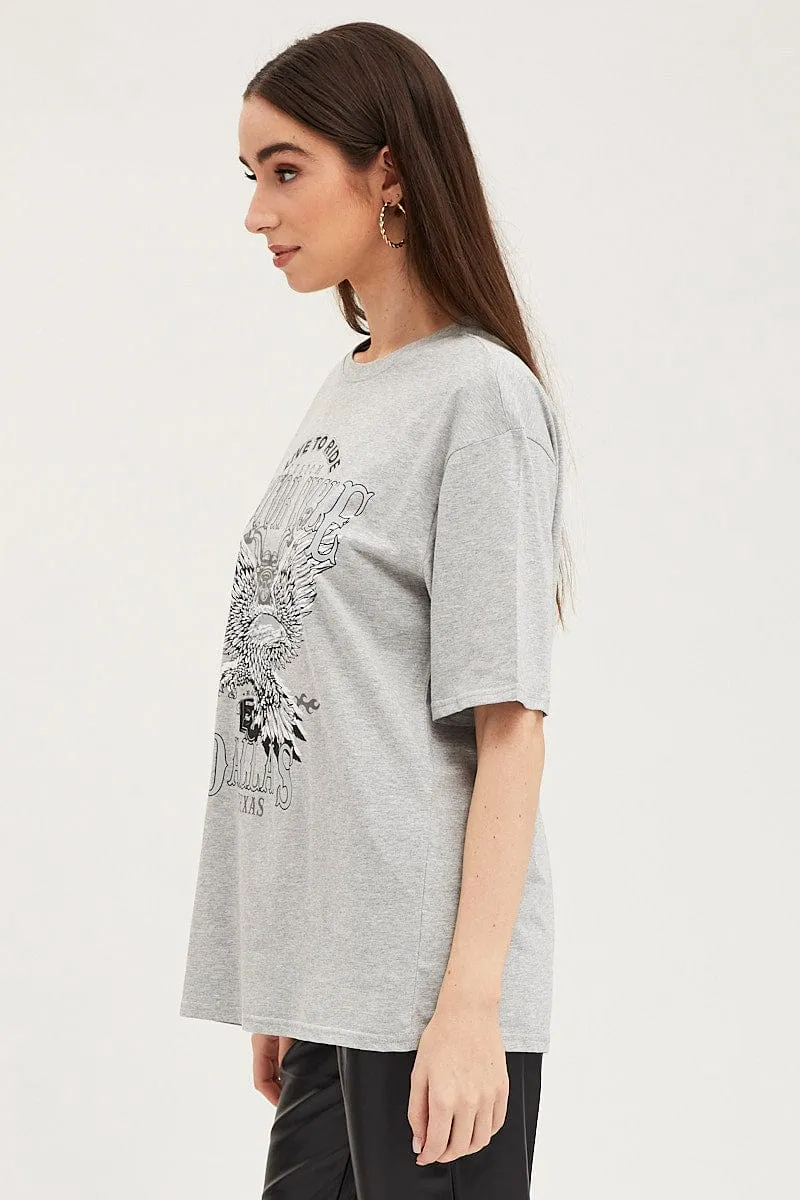 Grey Crew Neck Oversized Tee Retro nostalgia Lightweight Weave