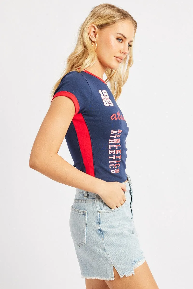 Rayon blend Blue Graphic Tee Short Sleeve