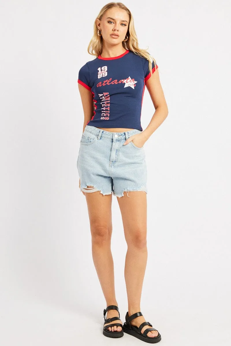 Outdoor Style Trend Blue Graphic Tee Short Sleeve
