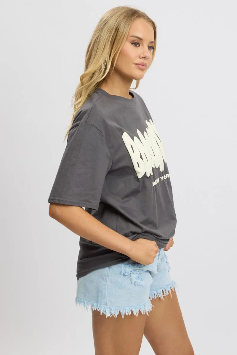 Grey Graphic Tee Short Sleeve RibbedNeckBanding