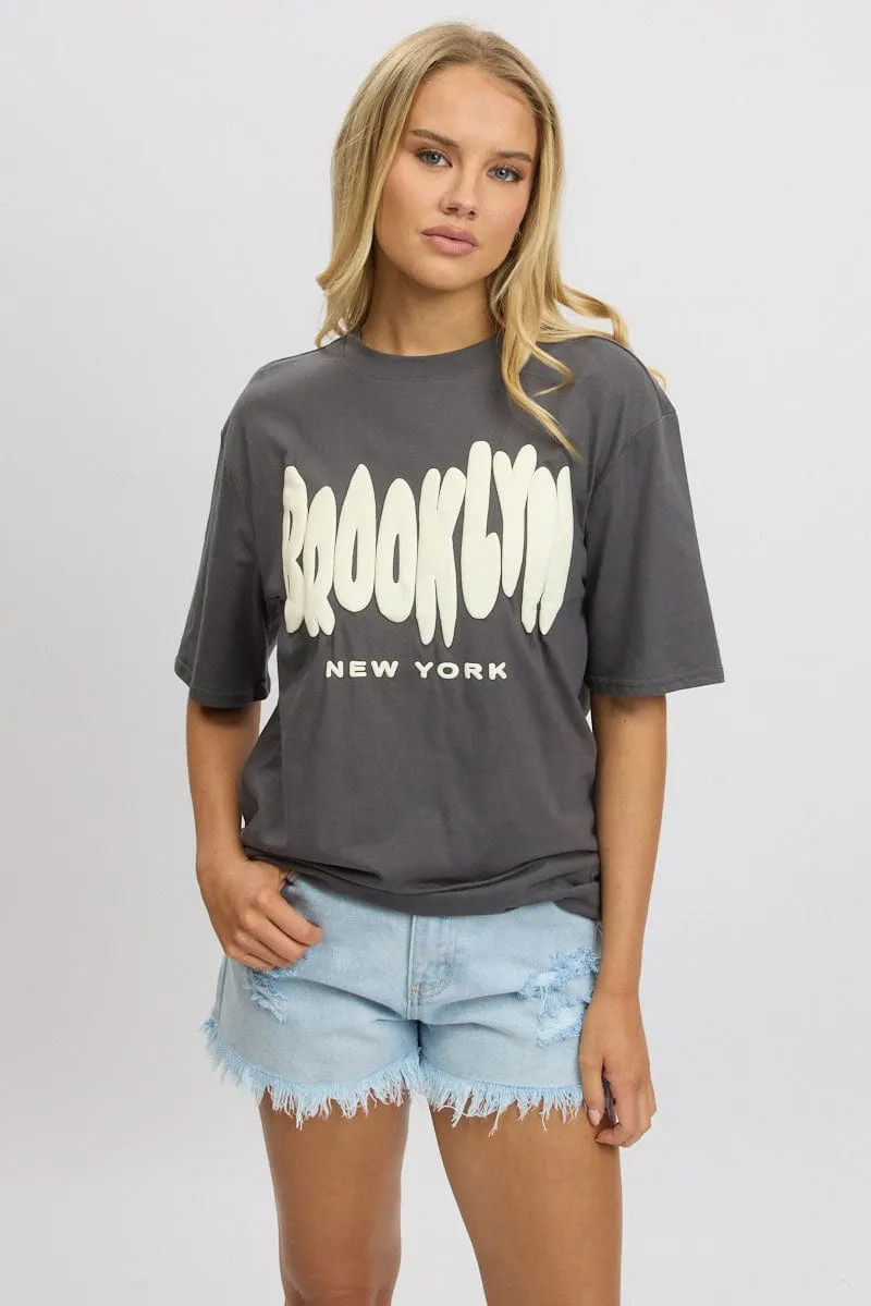 Grey Graphic Tee Short Sleeve TaglessCollar