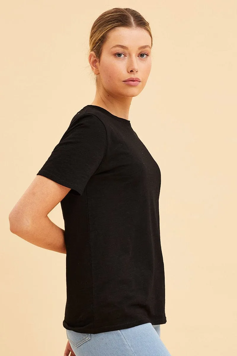 Black Cotton T-Shirt Slub Crew Neck Regular Fit Easy Wear