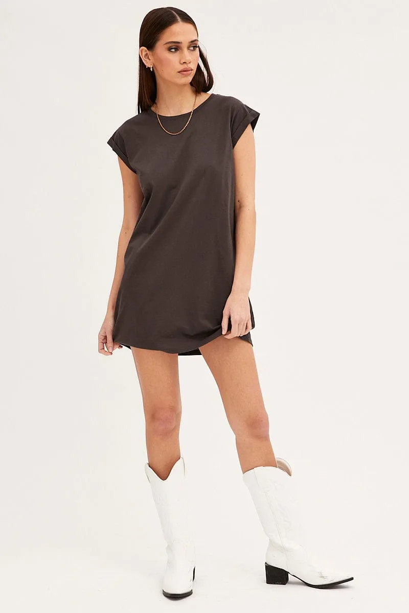 Grey T-Shirt Dress Crew Short Sleeve Graphic Pearl Tone Comfort waistband