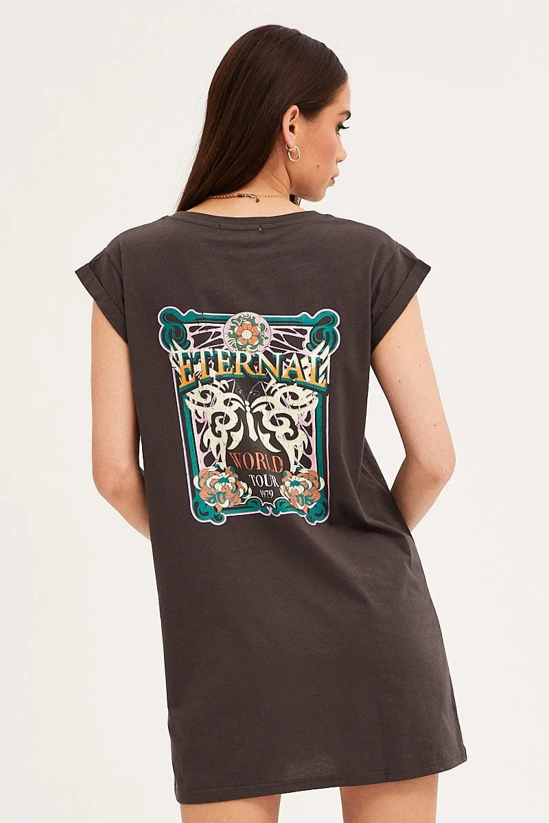 Pure Core Office Glam Grey T-Shirt Dress Crew Short Sleeve Graphic