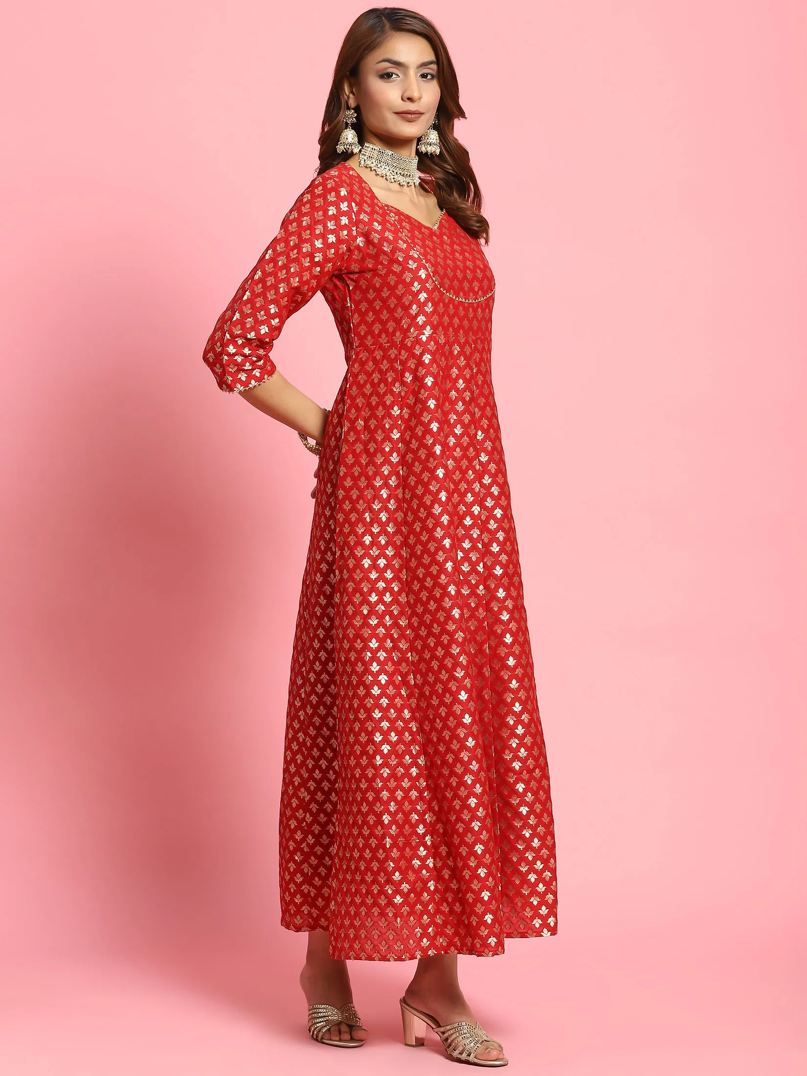 Royal Ease LowProfile Design Women Red Butti Printed Dress With Dupatta
