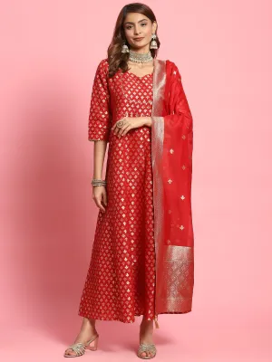 Modern Outfit Women Red Butti Printed Dress With Dupatta