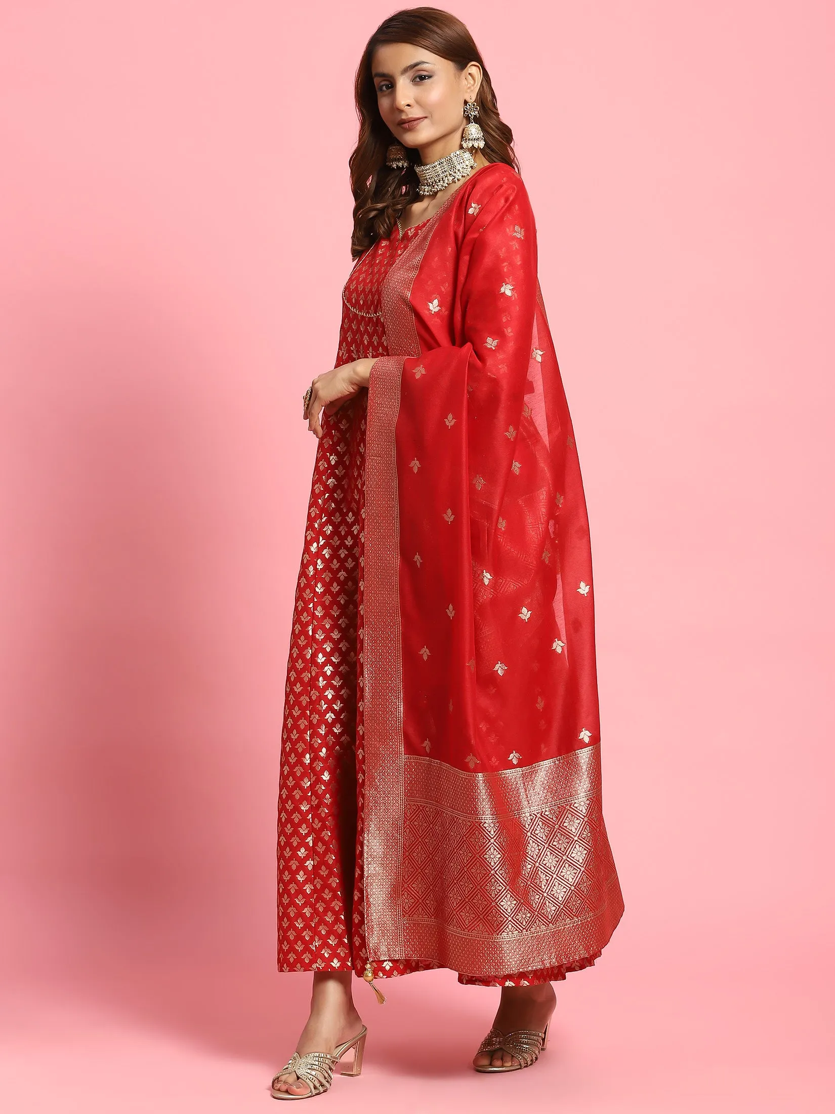 Women Red Butti Printed Dress With Dupatta AbrasionResistantClothing