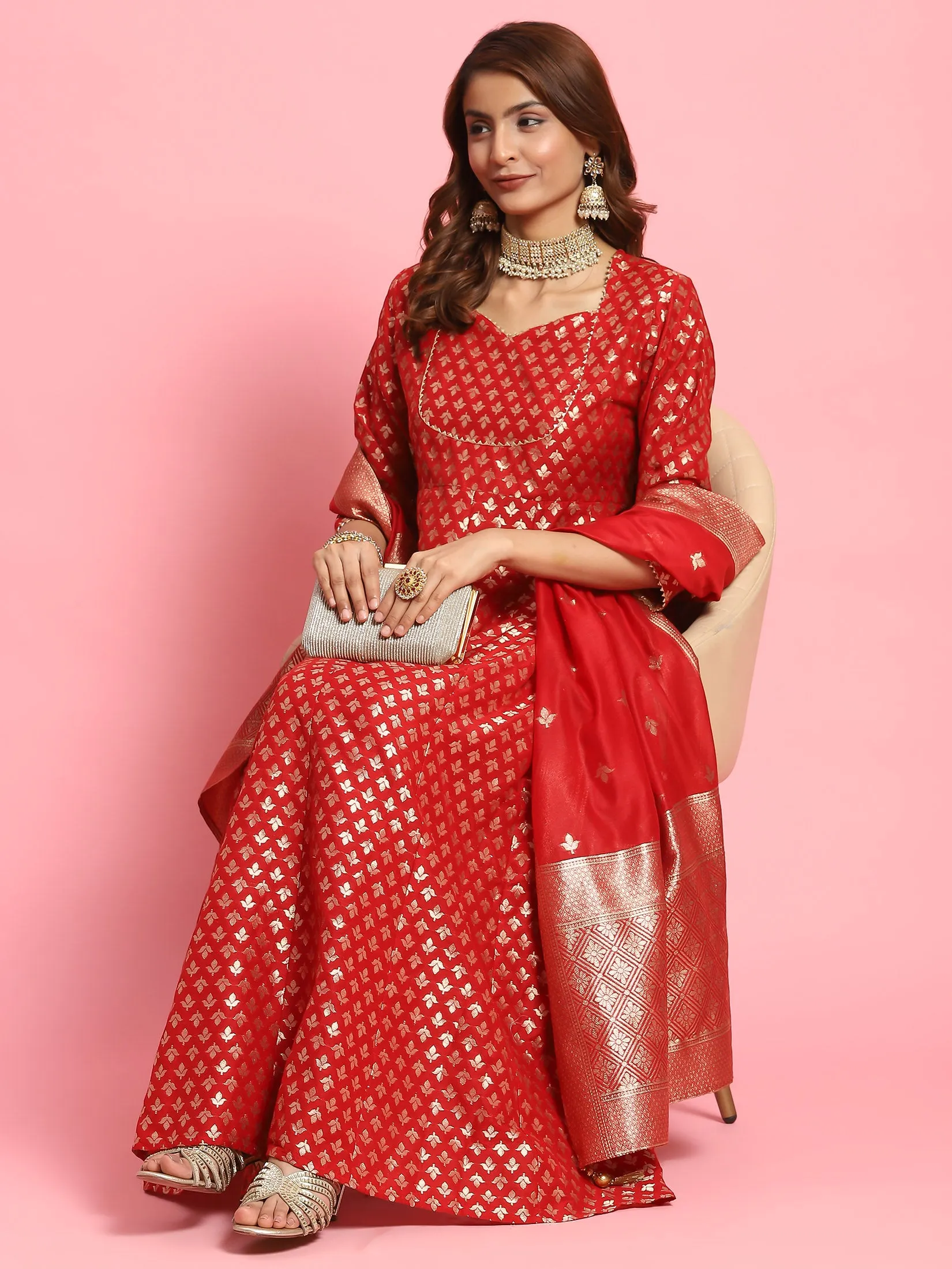 Women Red Butti Printed Dress With Dupatta Warm Jacket
