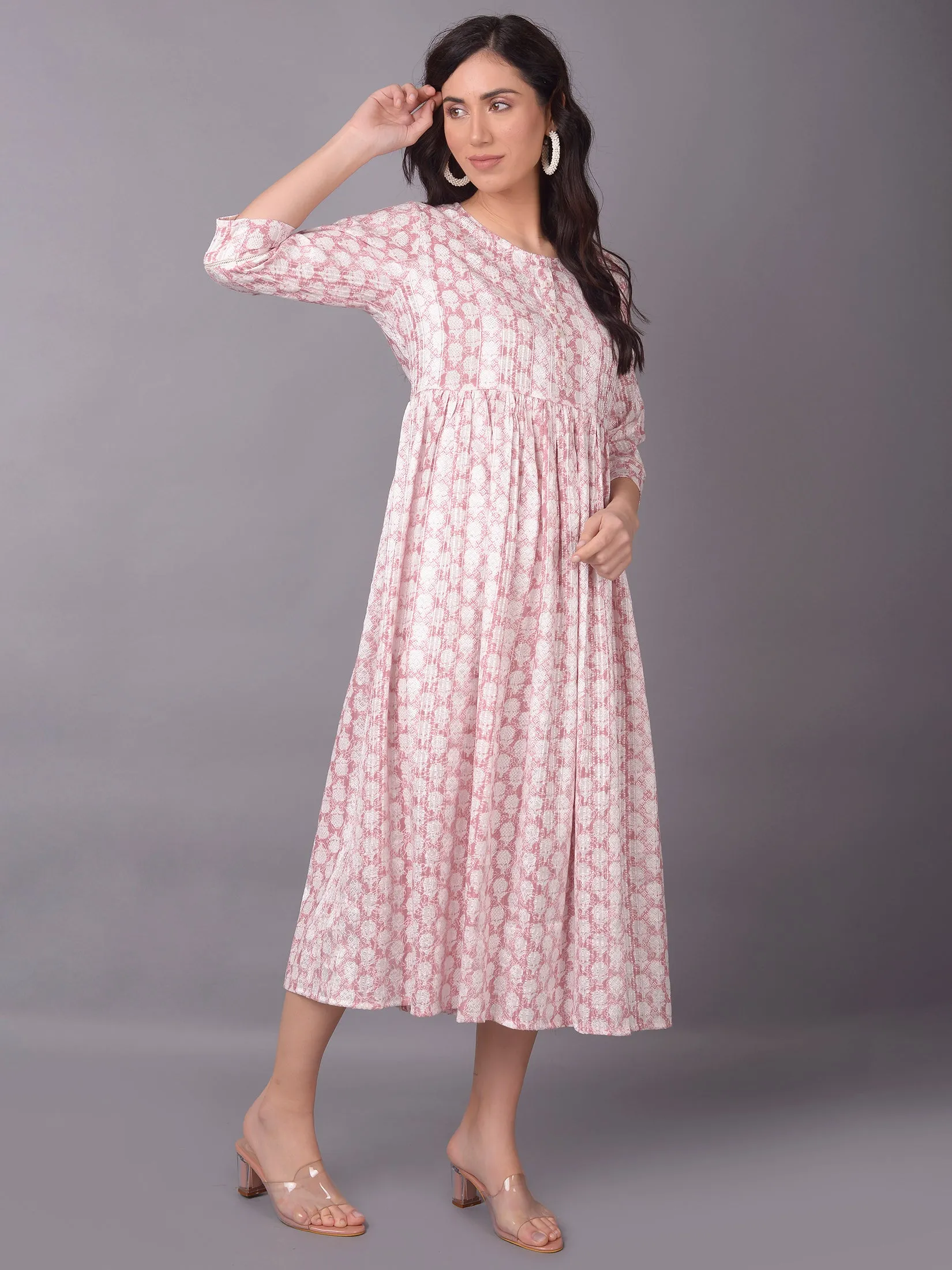 Metro Mode elastic waistband Women Pink Round Neck Dress
